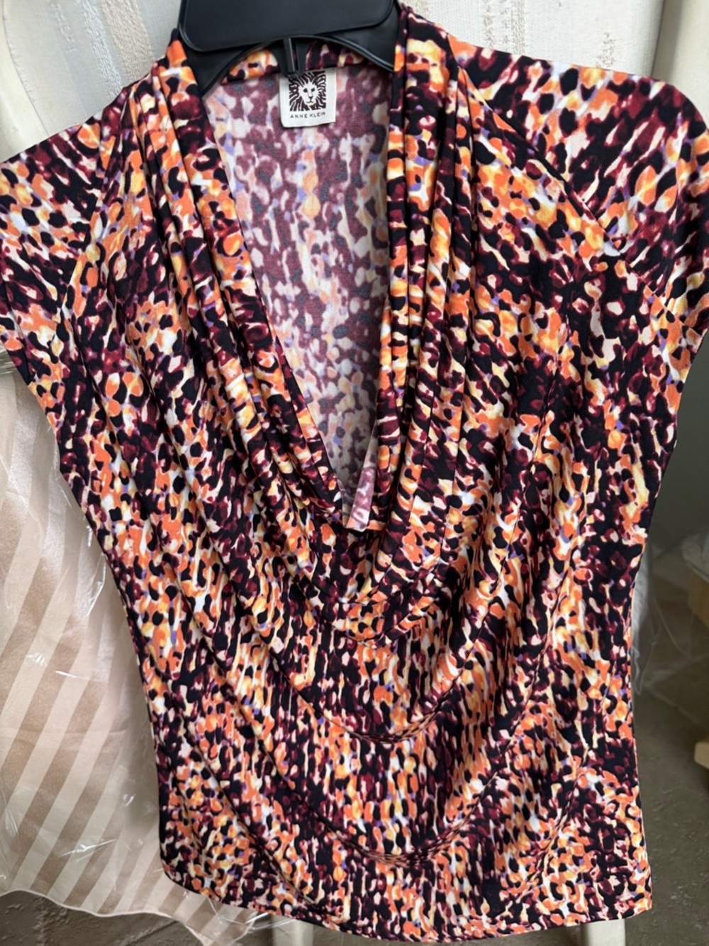 Anne Klein Burgundy, Orange and Cream Cowl Neck Blouse